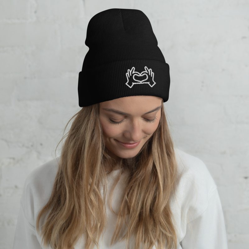 Love Sign Embroidery on a Cuffed Beanie
